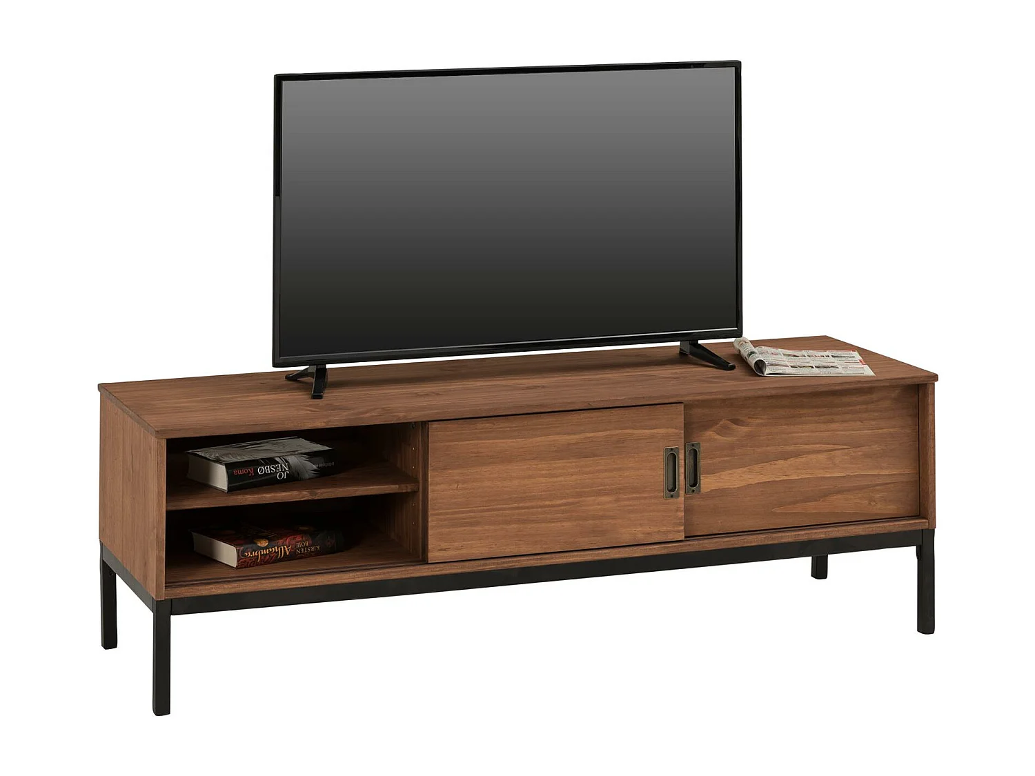 Meuble TV SELMA L 145 cm en bois massif brun foncé au style industriel design vintage avec 2 portes coulissantes