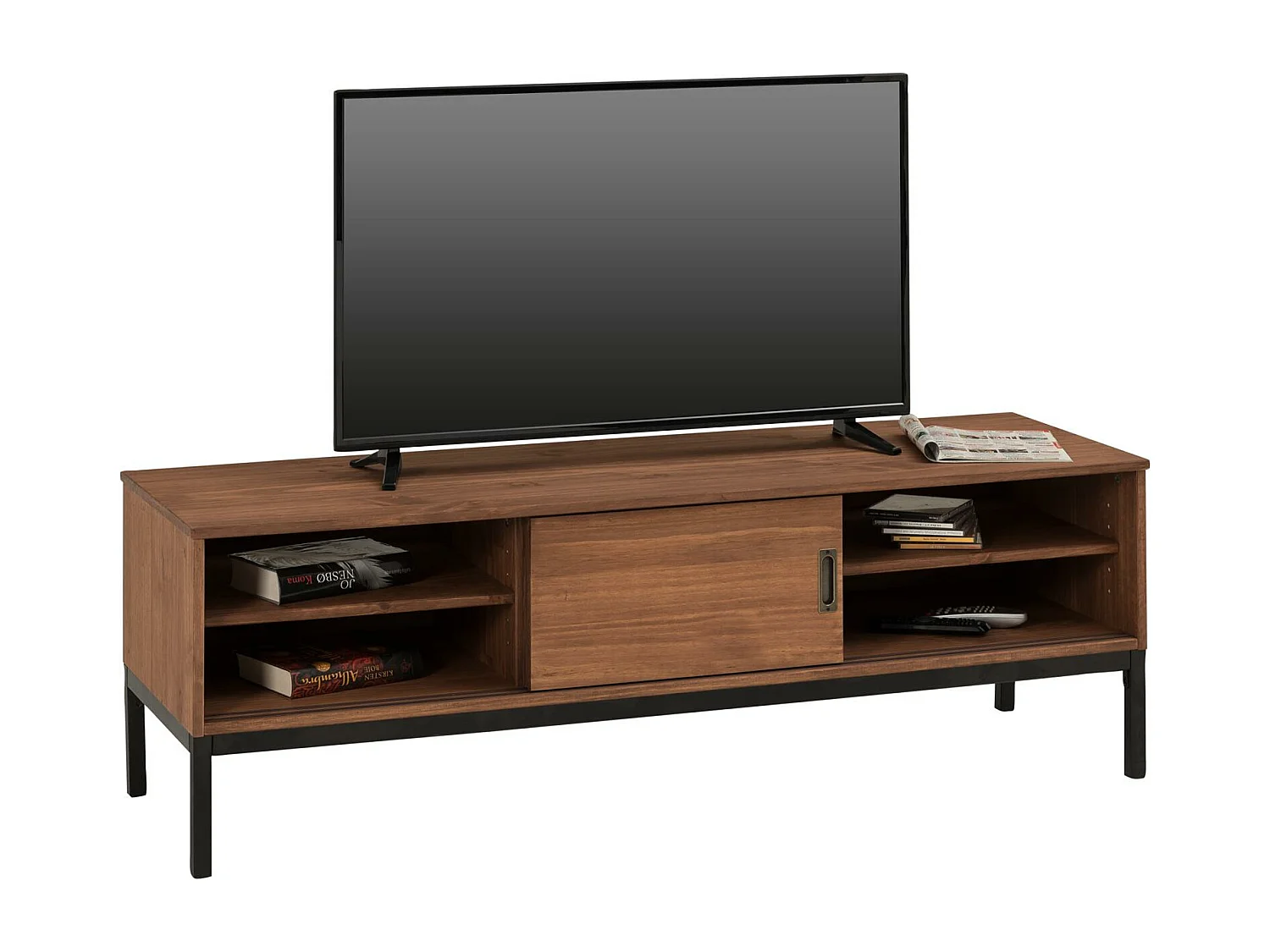 Meuble TV SELMA L 145 cm en bois massif brun foncé au style industriel design vintage avec 2 portes coulissantes