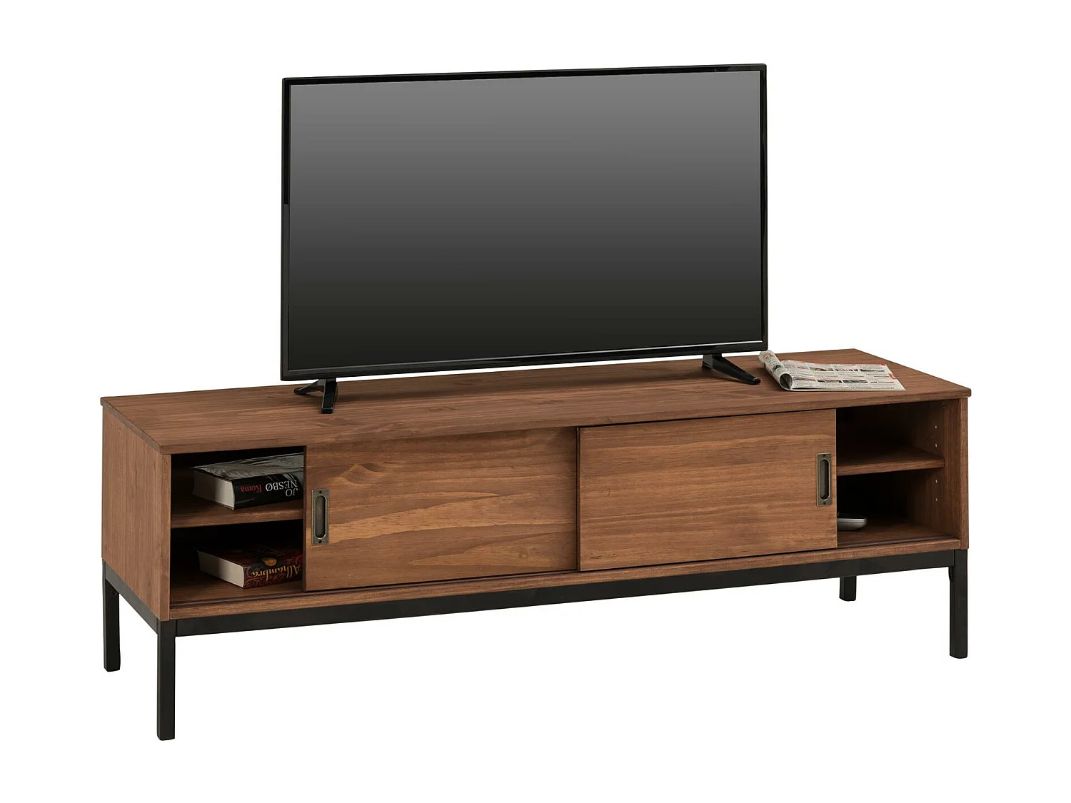 Meuble TV SELMA L 145 cm en bois massif brun foncé au style industriel design vintage avec 2 portes coulissantes
