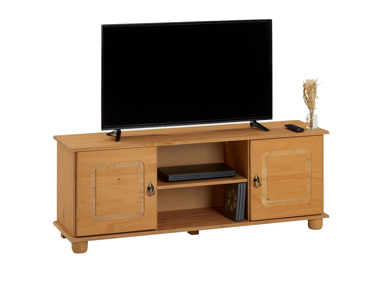 Meuble TV BELFORT banc télévision de 134 cm en bois style campagne avec 2 portes et 2 niches, en pin massif teinté et ciré