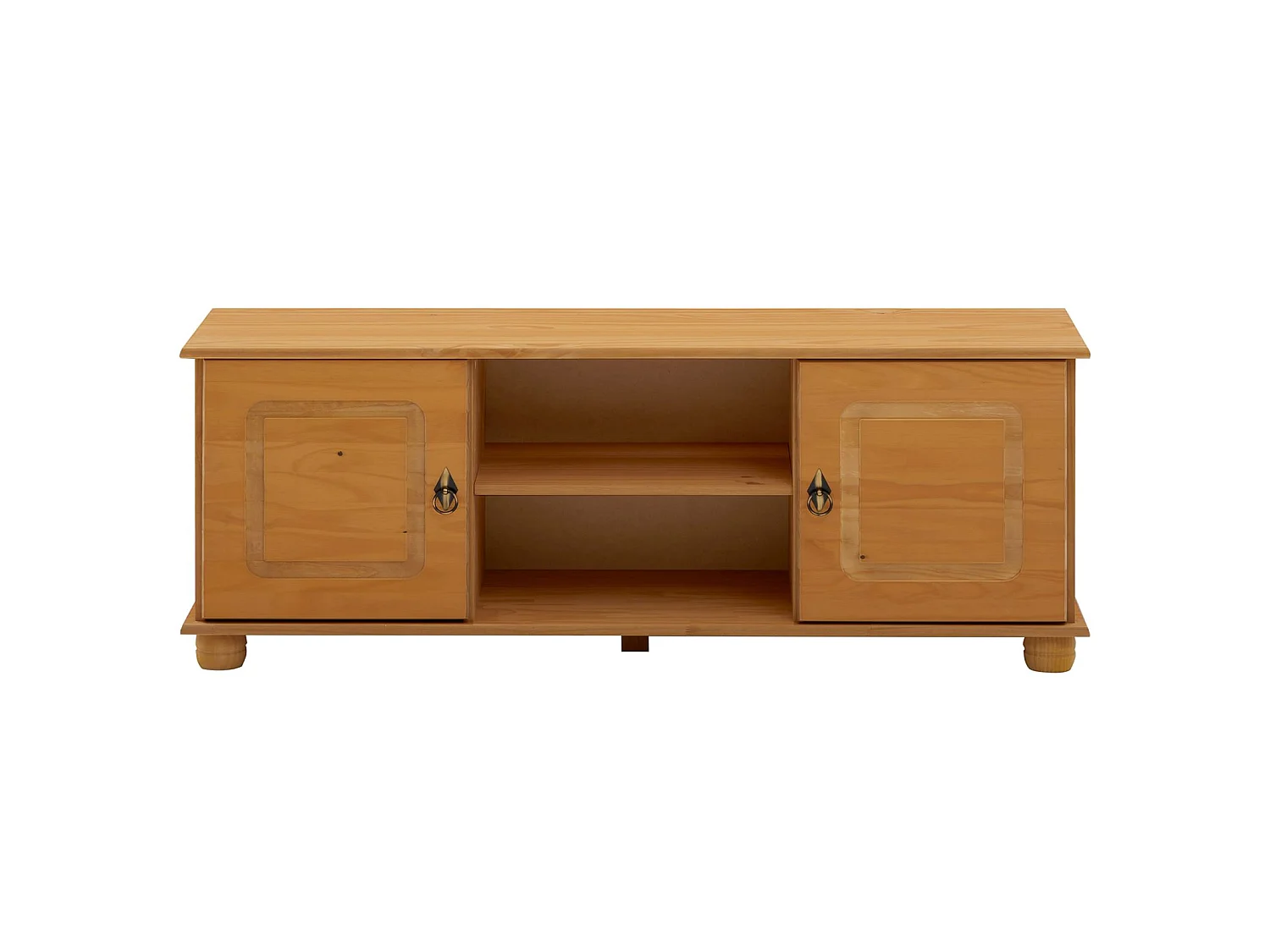 Meuble TV BELFORT banc télévision de 134 cm en bois style campagne avec 2 portes et 2 niches, en pin massif teinté et ciré