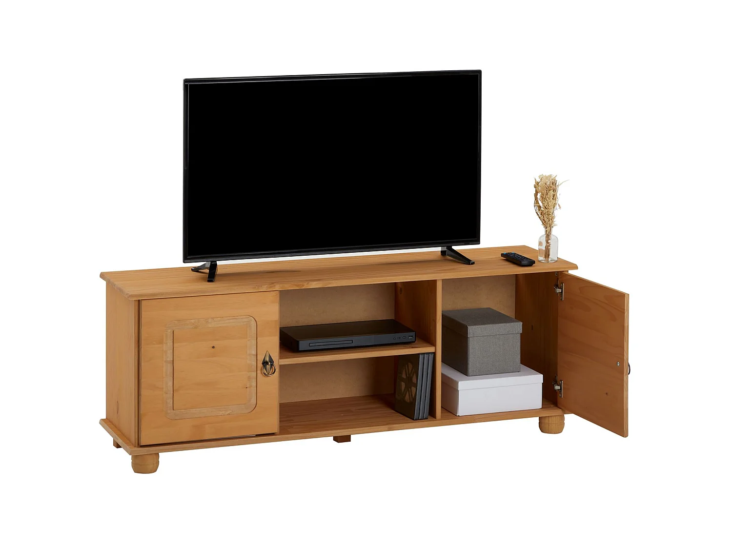 Meuble TV BELFORT banc télévision de 134 cm en bois style campagne avec 2 portes et 2 niches, en pin massif teinté et ciré