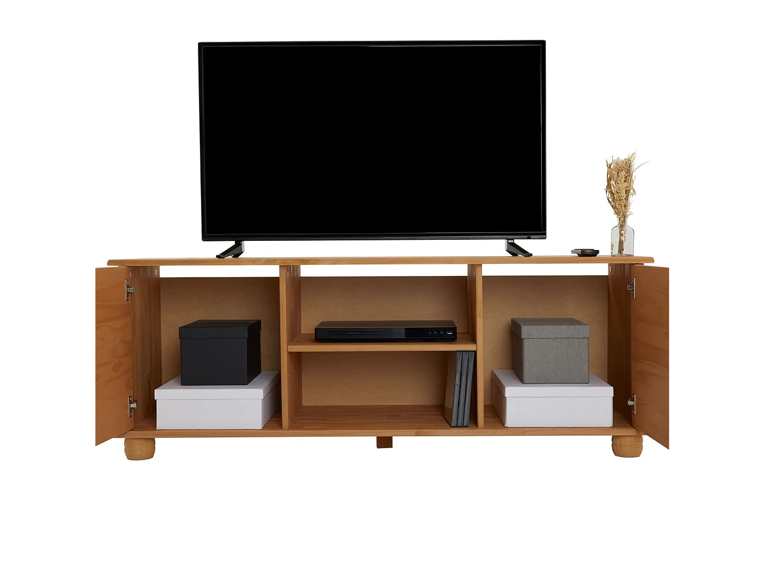 Meuble TV BELFORT banc télévision de 134 cm en bois style campagne avec 2 portes et 2 niches, en pin massif teinté et ciré