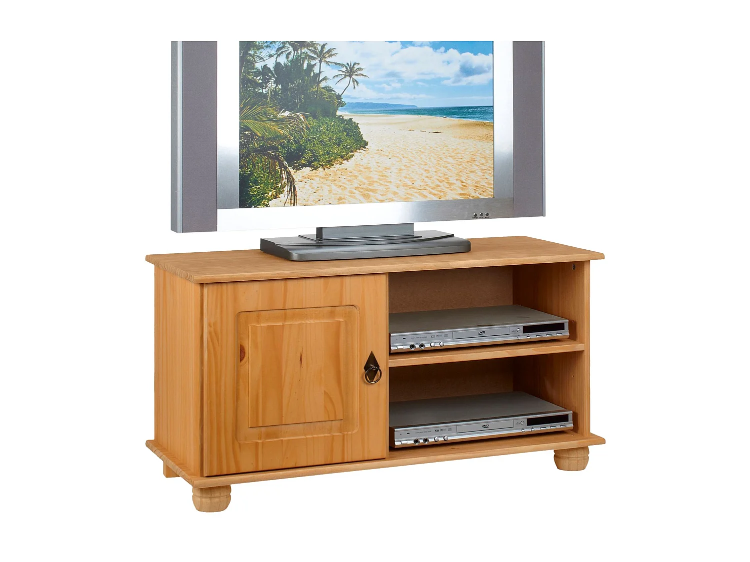 Meuble TV BELFORT banc télé de 94 cm en bois avec 1 porte et 2 niches, en pin massif finition cirée