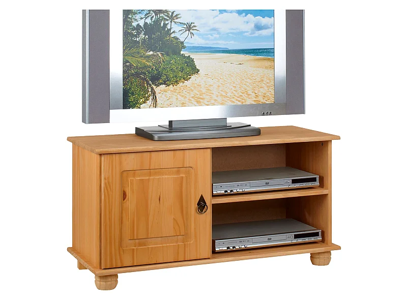 Meuble TV BELFORT banc télé de 94 cm en bois avec 1 porte et 2 niches, en pin massif finition cirée