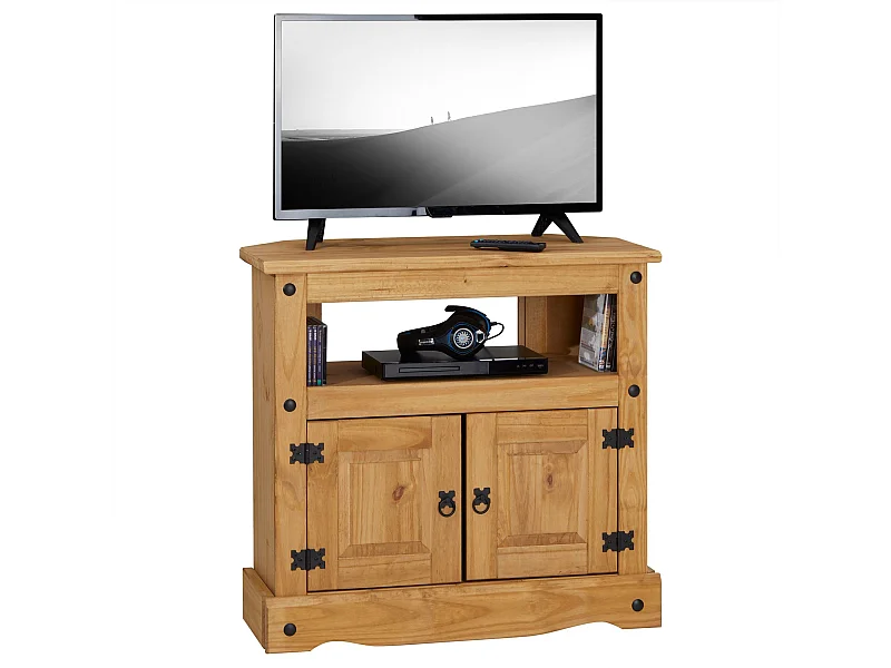 Meuble TV SALSA L 85 cm en bois massif brun avec 2 portes et une niche, meuble de salon style mexicain