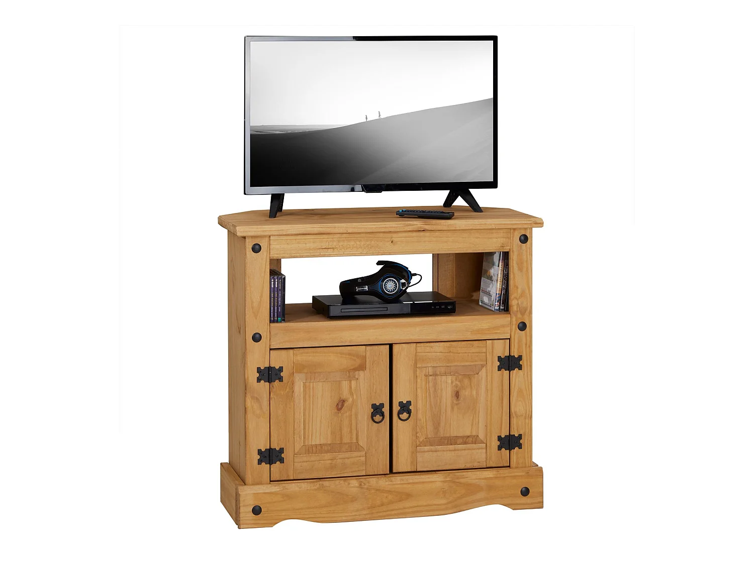 Meuble TV SALSA L 85 cm en bois massif brun avec 2 portes et une niche, meuble de salon style mexicain