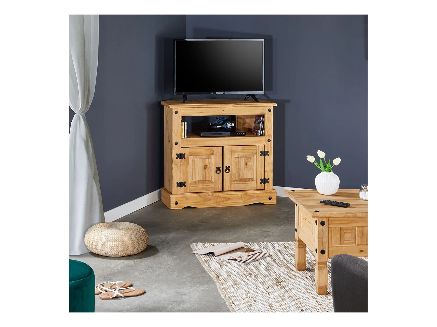 Meuble TV SALSA L 85 cm en bois massif brun avec 2 portes et une niche, meuble de salon style mexicain