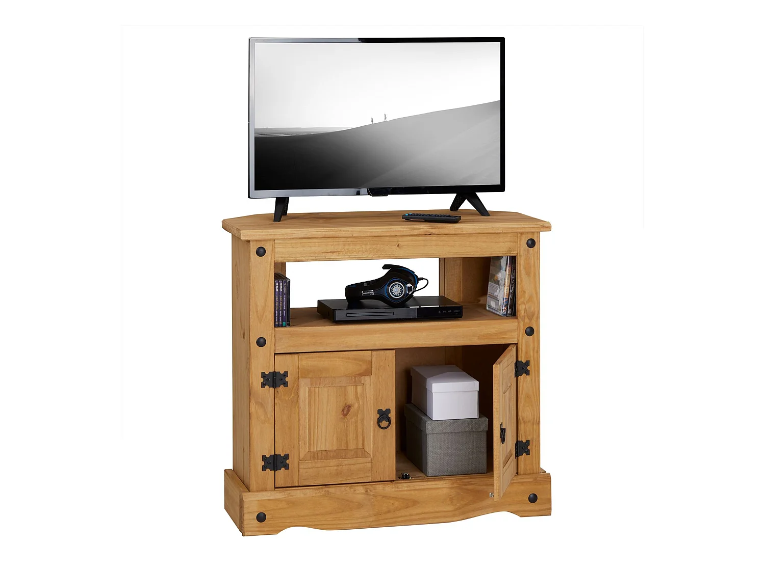 Meuble TV SALSA L 85 cm en bois massif brun avec 2 portes et une niche, meuble de salon style mexicain