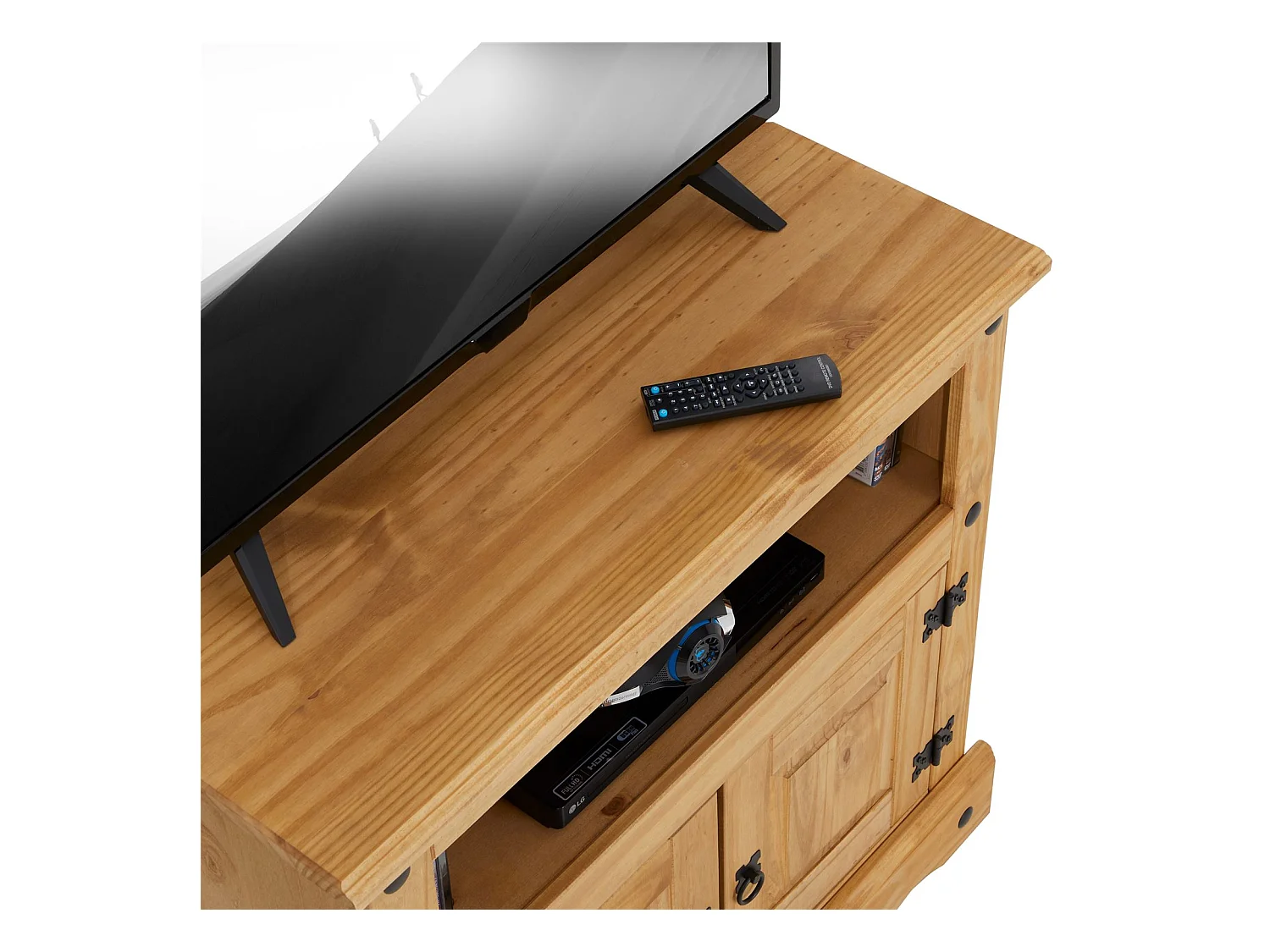 Meuble TV SALSA L 85 cm en bois massif brun avec 2 portes et une niche, meuble de salon style mexicain