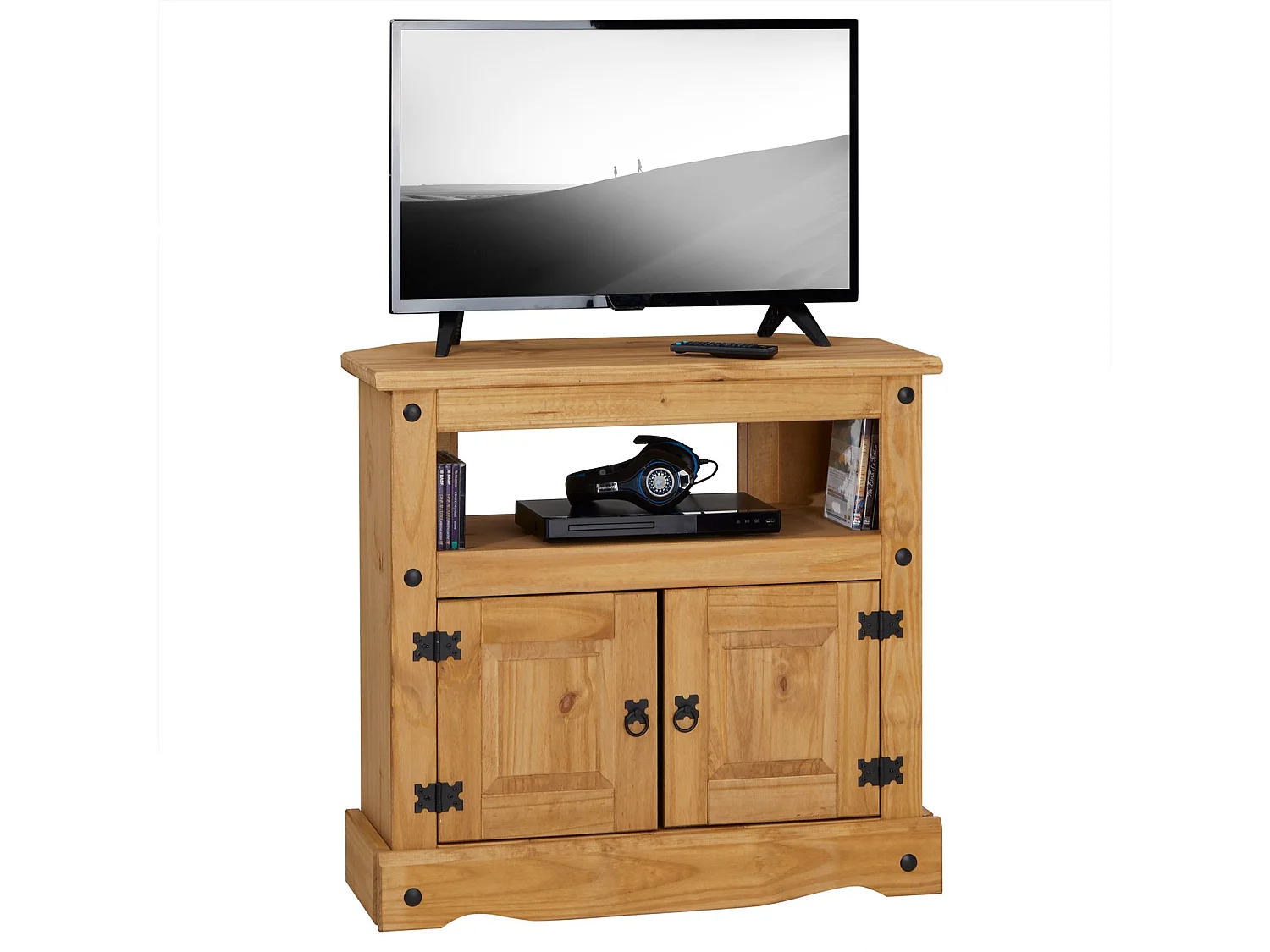 Meuble TV SALSA L 85 cm en bois massif brun avec 2 portes et une niche, meuble de salon style mexicain