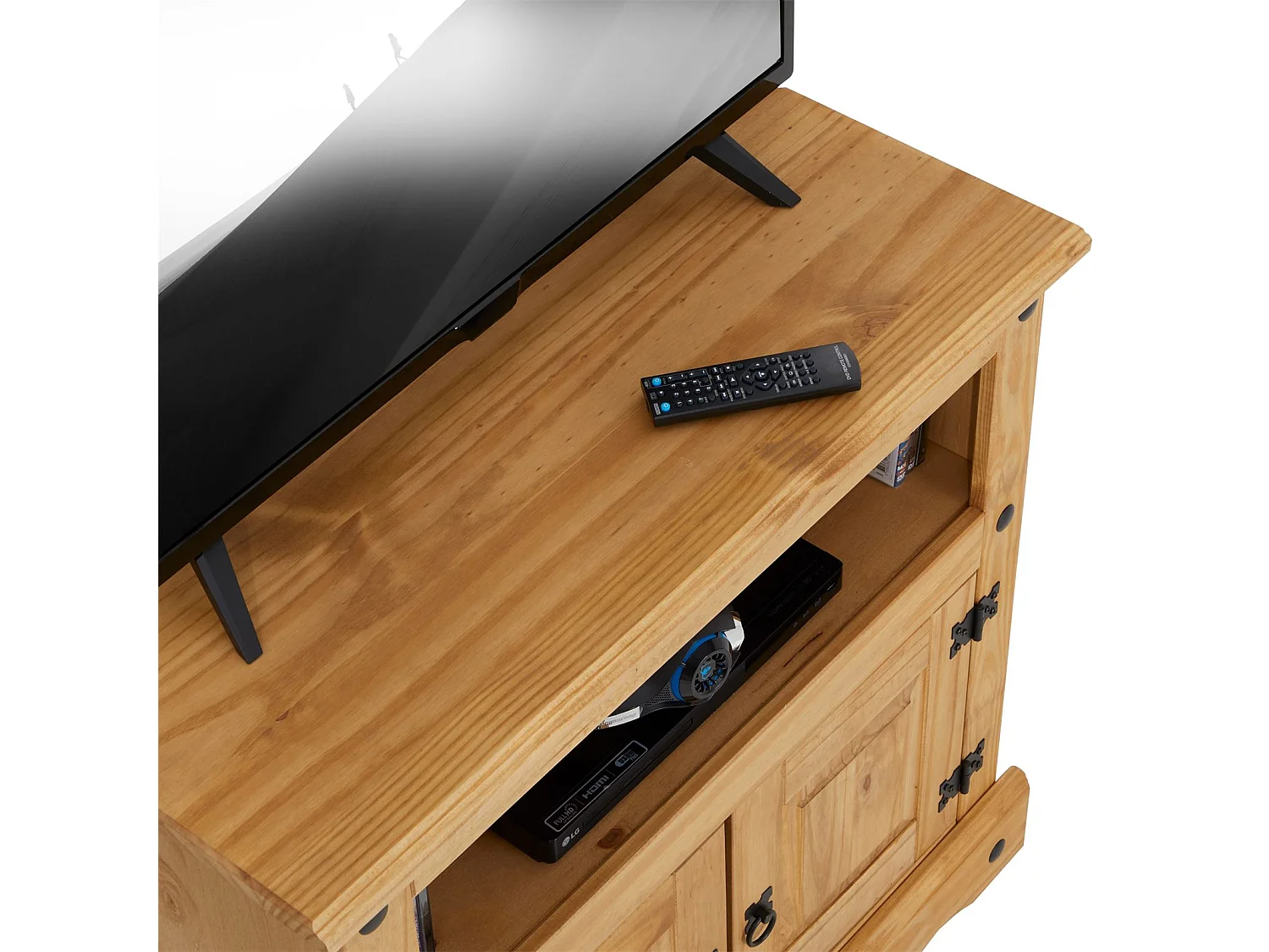 Meuble TV SALSA L 85 cm en bois massif brun avec 2 portes et une niche, meuble de salon style mexicain