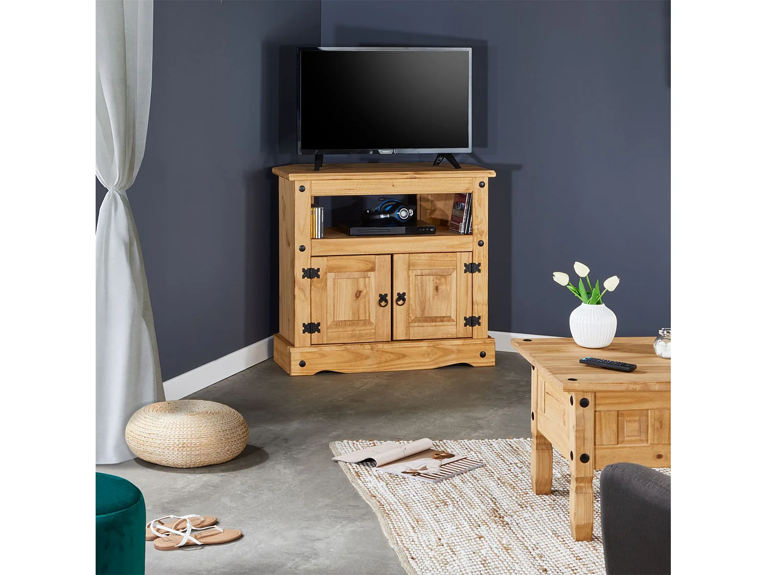 Meuble TV SALSA L 85 cm en bois massif brun avec 2 portes et une niche, meuble de salon style mexicain