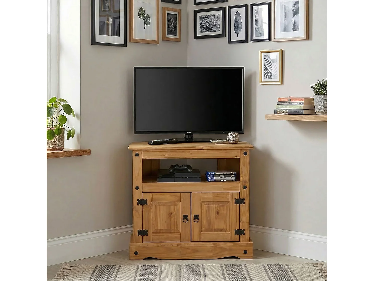 Meuble TV SALSA L 85 cm en bois massif brun avec 2 portes et une niche, meuble de salon style mexicain