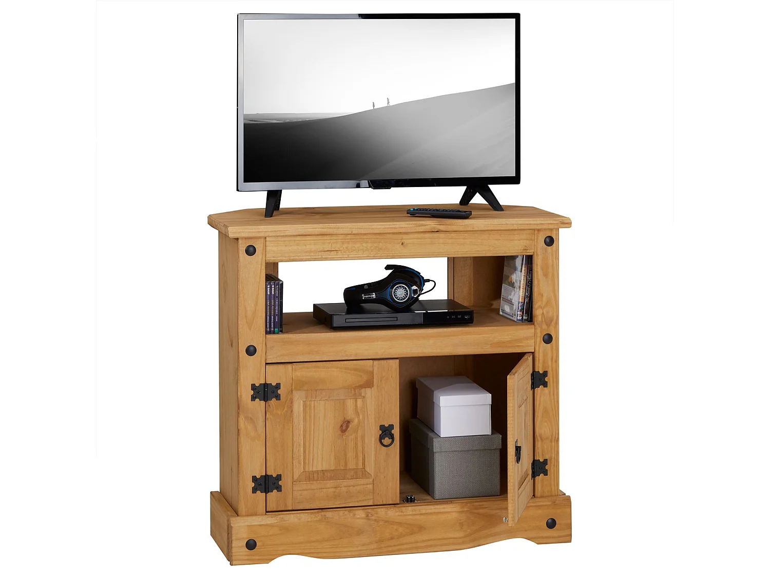 Meuble TV SALSA L 85 cm en bois massif brun avec 2 portes et une niche, meuble de salon style mexicain