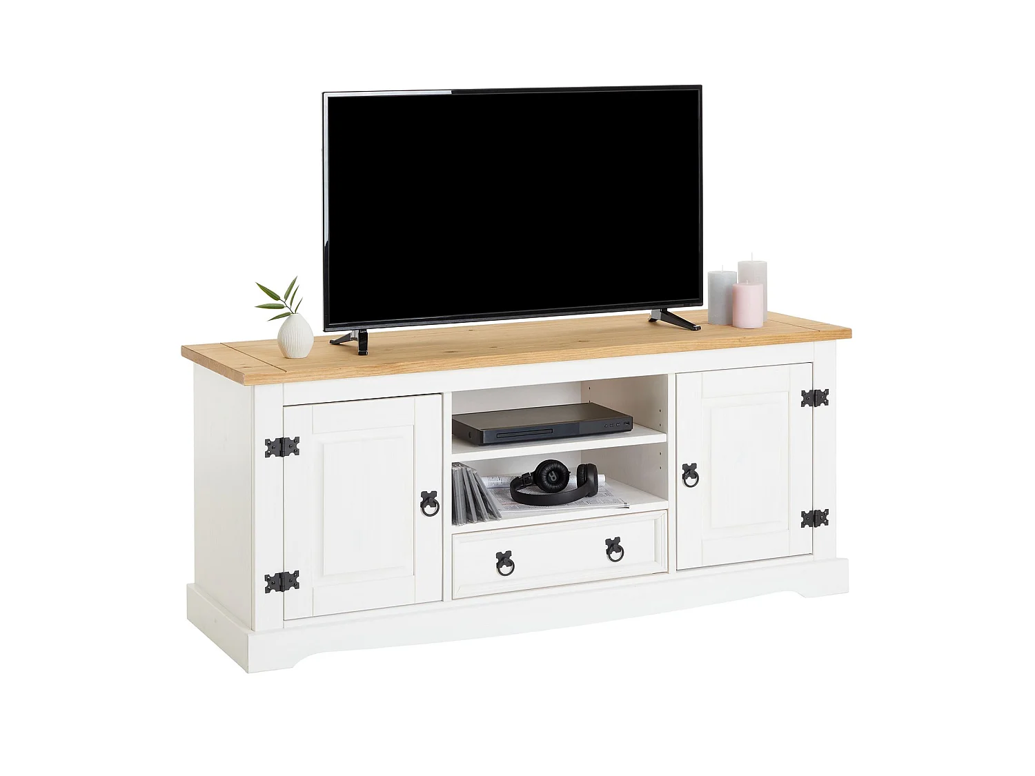 Meuble TV TEQUILA de 140 cm en bois style mexicain avec 1 tiroir 2 niches et 2 portes, en pin massif lasuré blanc et brun