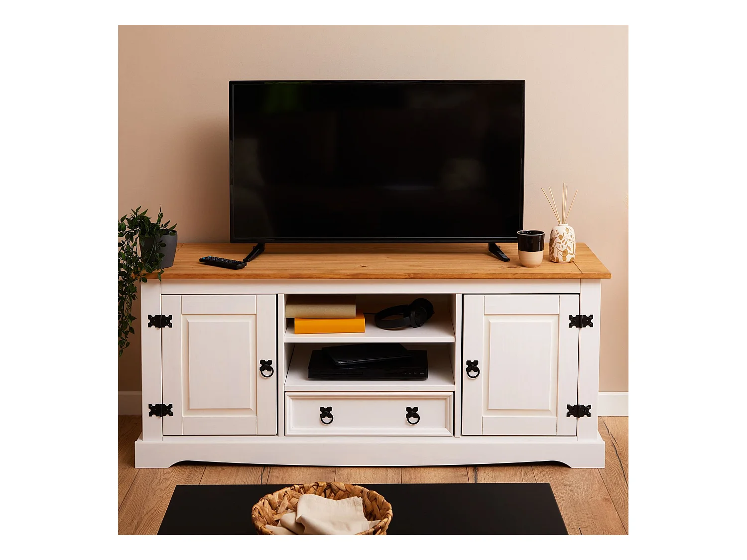 Meuble TV TEQUILA de 140 cm en bois style mexicain avec 1 tiroir 2 niches et 2 portes, en pin massif lasuré blanc et brun