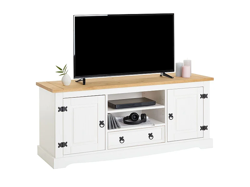 Meuble TV TEQUILA de 140 cm en bois style mexicain avec 1 tiroir 2 niches et 2 portes, en pin massif lasuré blanc et brun