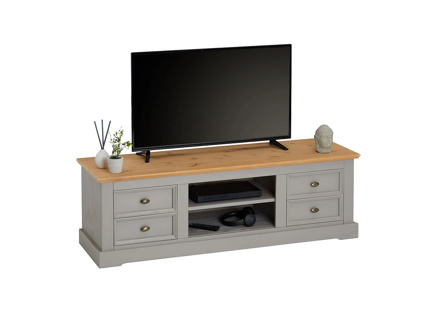 Meuble TV KENT banc télévision en pin massif lasuré gris et brun 144 x 46 x 45 cm, avec 4 tiroirs et 2 niches