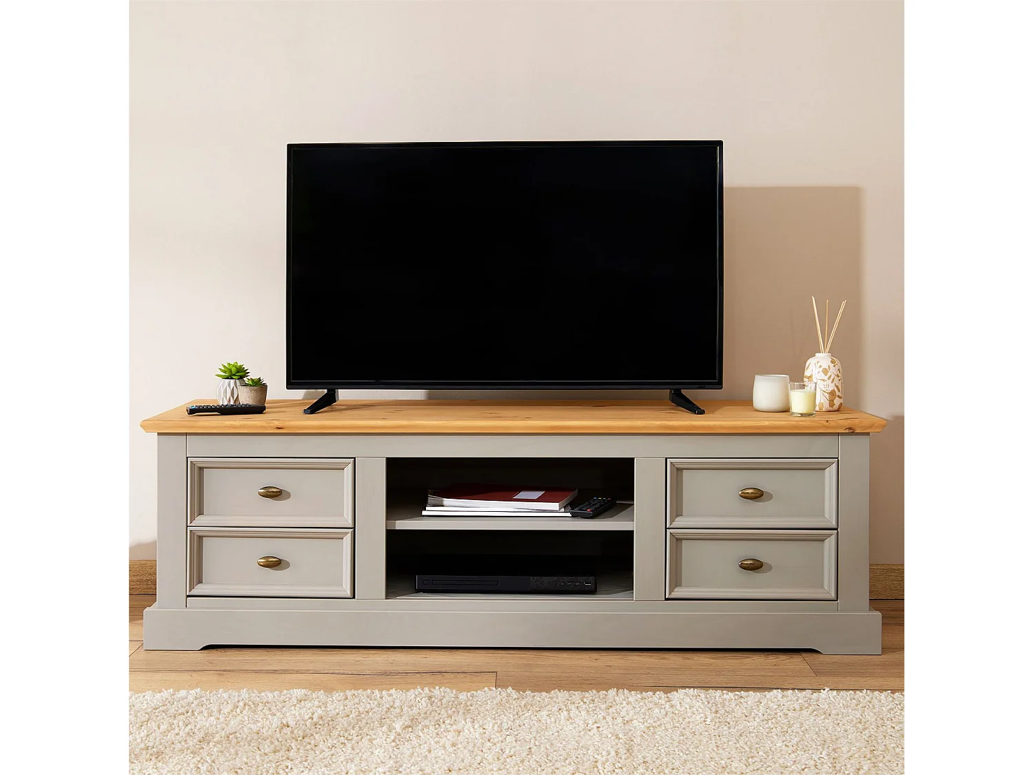 Meuble TV KENT banc télévision en pin massif lasuré gris et brun 144 x 46 x 45 cm, avec 4 tiroirs et 2 niches