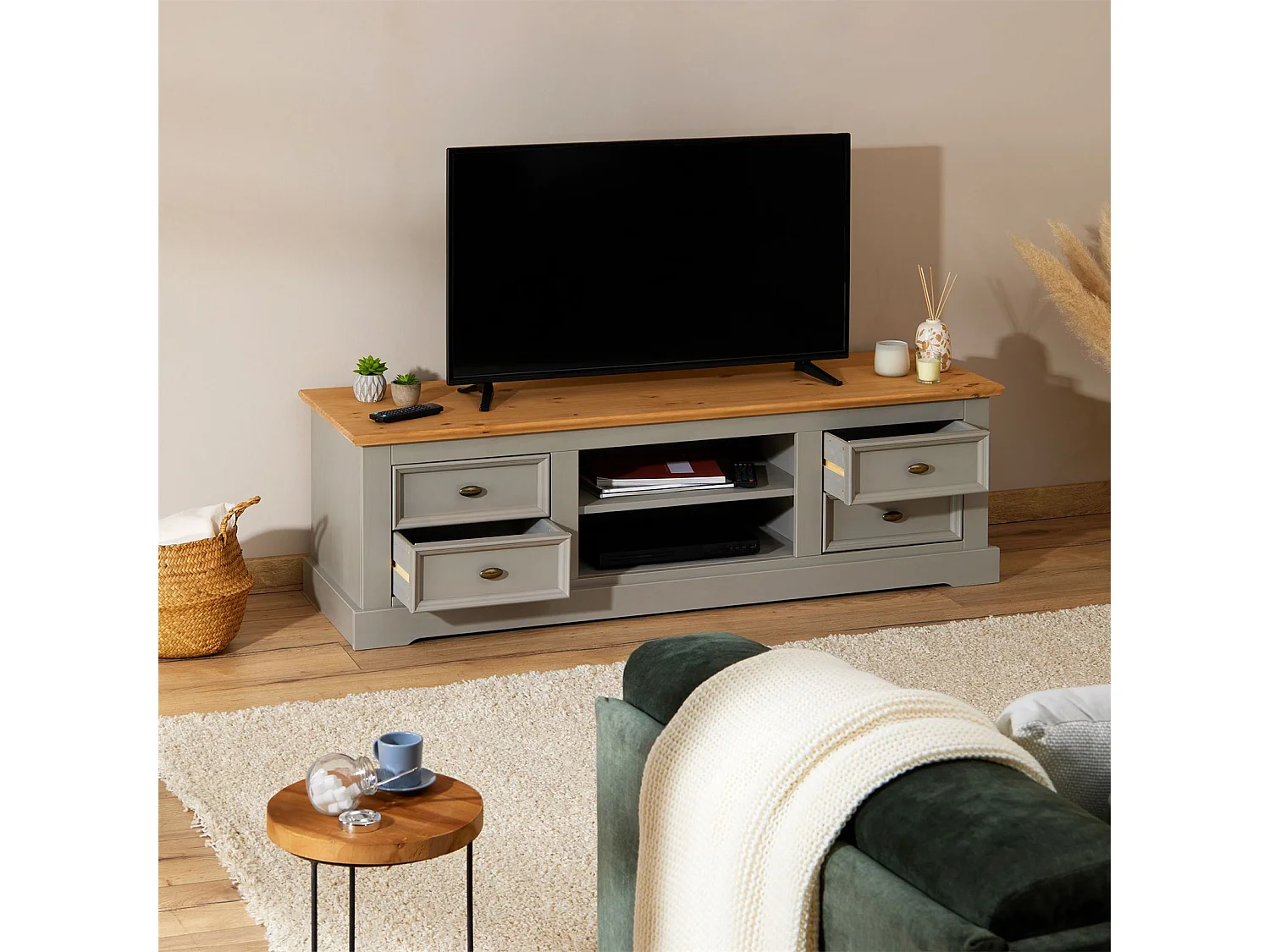 Meuble TV KENT banc télévision en pin massif lasuré gris et brun 144 x 46 x 45 cm, avec 4 tiroirs et 2 niches