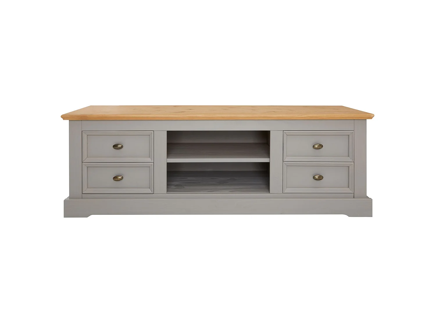 Meuble TV KENT banc télévision en pin massif lasuré gris et brun 144 x 46 x 45 cm, avec 4 tiroirs et 2 niches