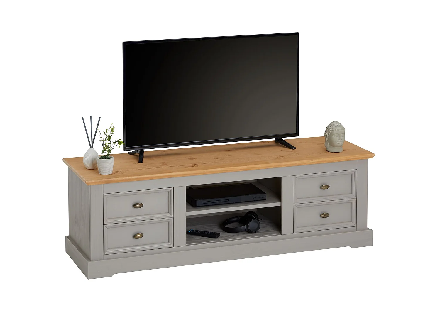 Meuble TV KENT banc télévision en pin massif lasuré gris et brun 144 x 46 x 45 cm, avec 4 tiroirs et 2 niches