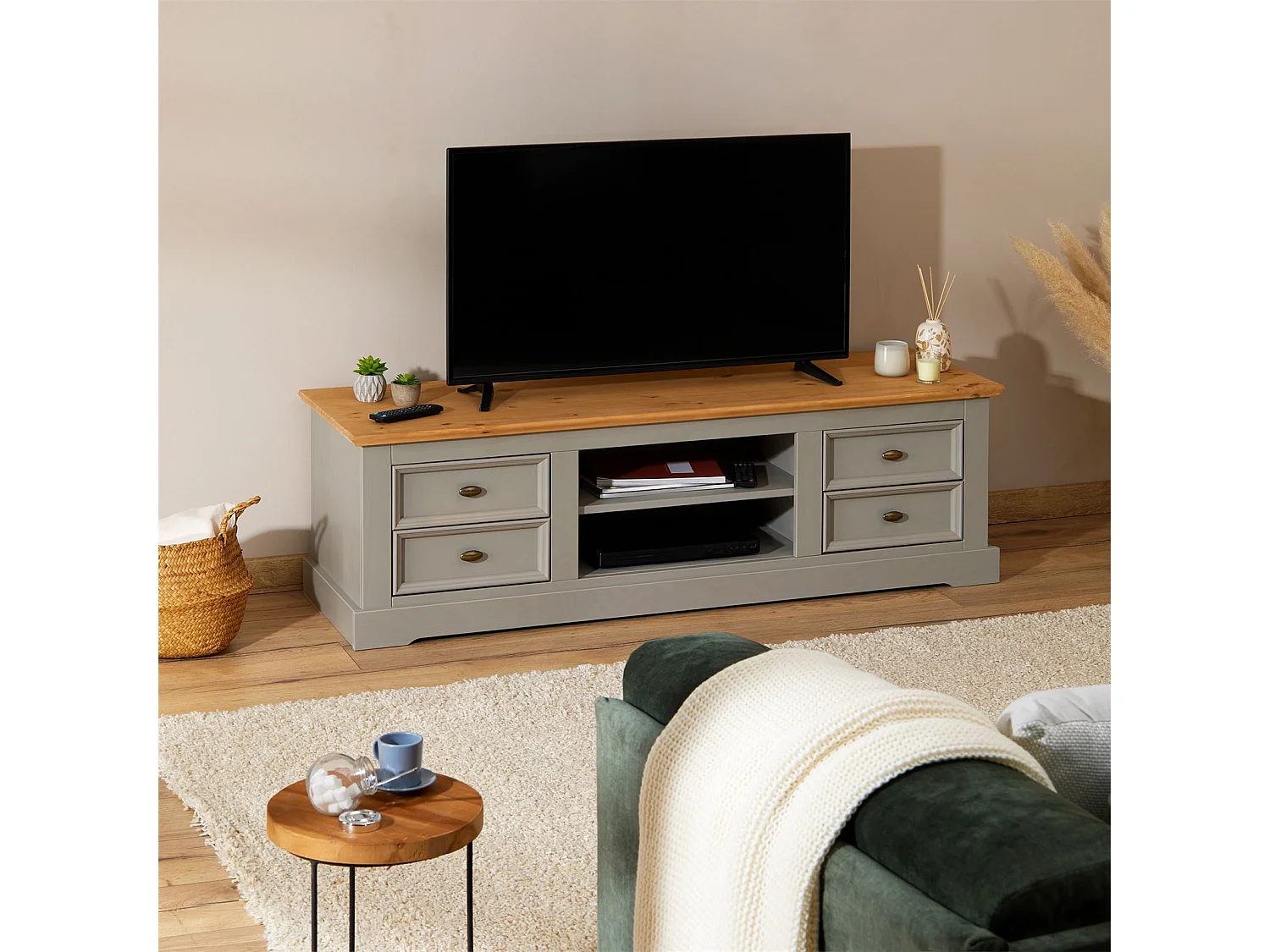 Meuble TV KENT banc télévision en pin massif lasuré gris et brun 144 x 46 x 45 cm, avec 4 tiroirs et 2 niches