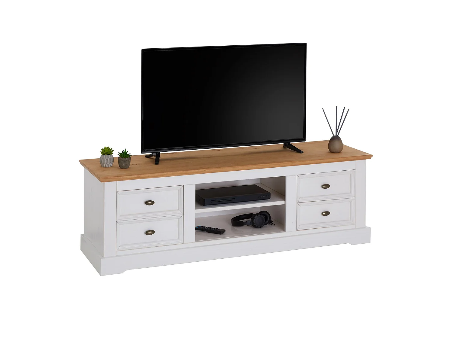 Meuble TV KENT L 144 cm en bois massif blanc et brun avec rangement 4 tiroirs et 2 niches pour télévision jusqu'à 60"