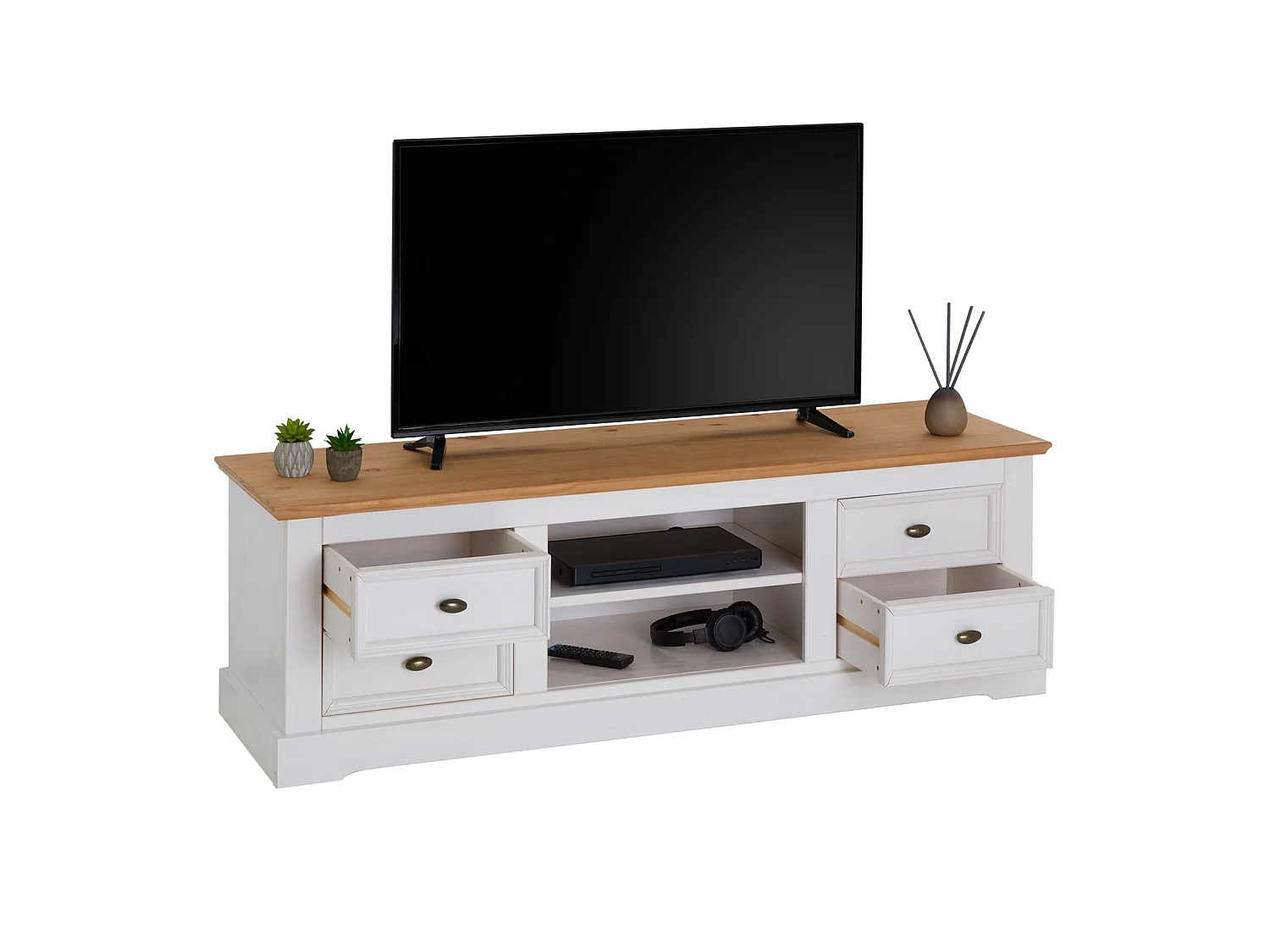 Meuble TV KENT L 144 cm en bois massif blanc et brun avec rangement 4 tiroirs et 2 niches pour télévision jusqu'à 60"