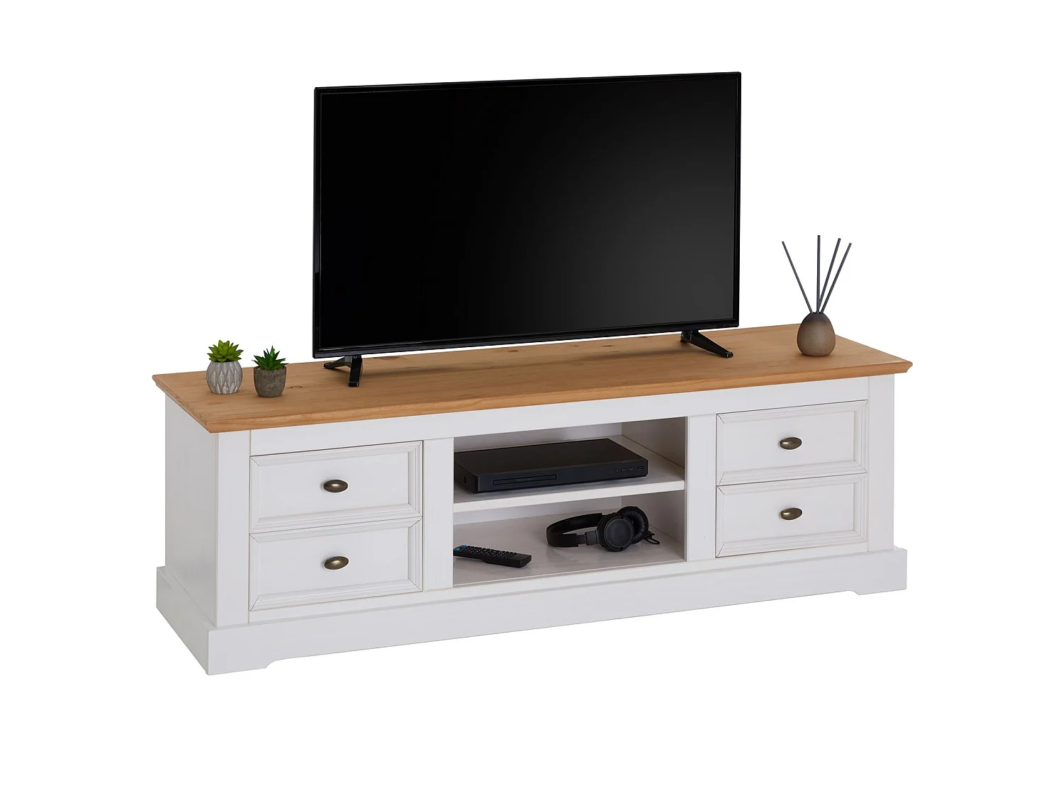 Meuble TV KENT L 144 cm en bois massif blanc et brun avec rangement 4 tiroirs et 2 niches pour télévision jusqu'à 60"
