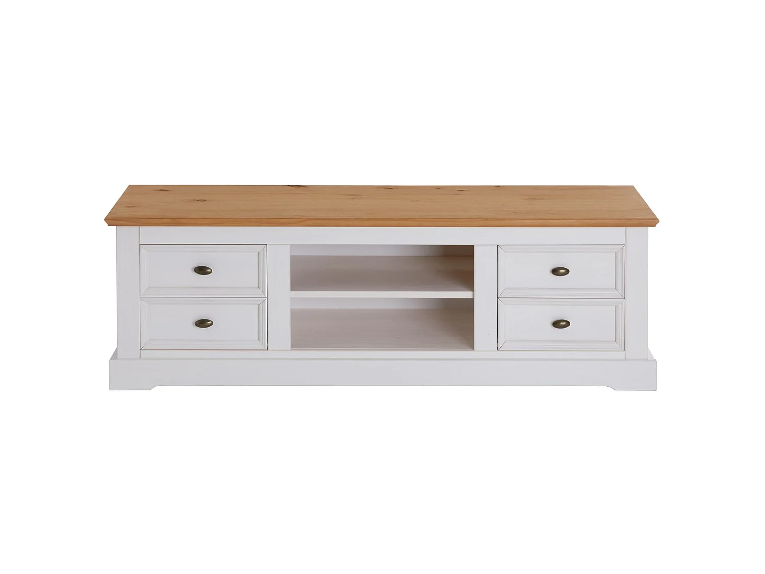 Meuble TV KENT L 144 cm en bois massif blanc et brun avec rangement 4 tiroirs et 2 niches pour télévision jusqu'à 60"