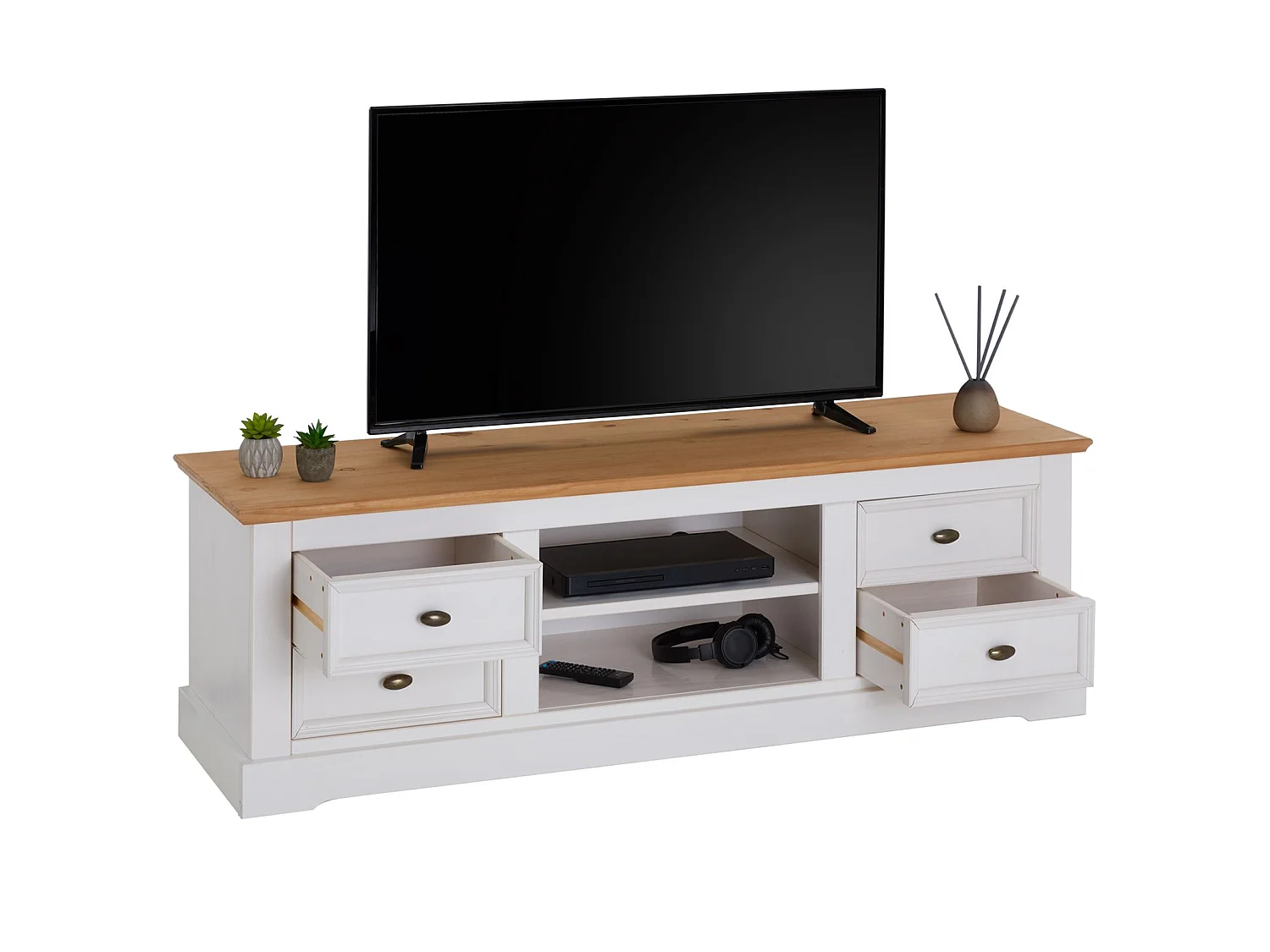 Meuble TV KENT L 144 cm en bois massif blanc et brun avec rangement 4 tiroirs et 2 niches pour télévision jusqu'à 60"