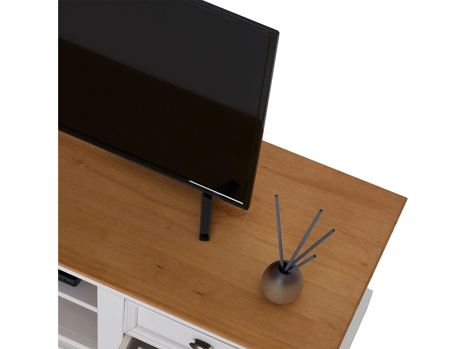 Meuble TV KENT L 144 cm en bois massif blanc et brun avec rangement 4 tiroirs et 2 niches pour télévision jusqu'à 60"