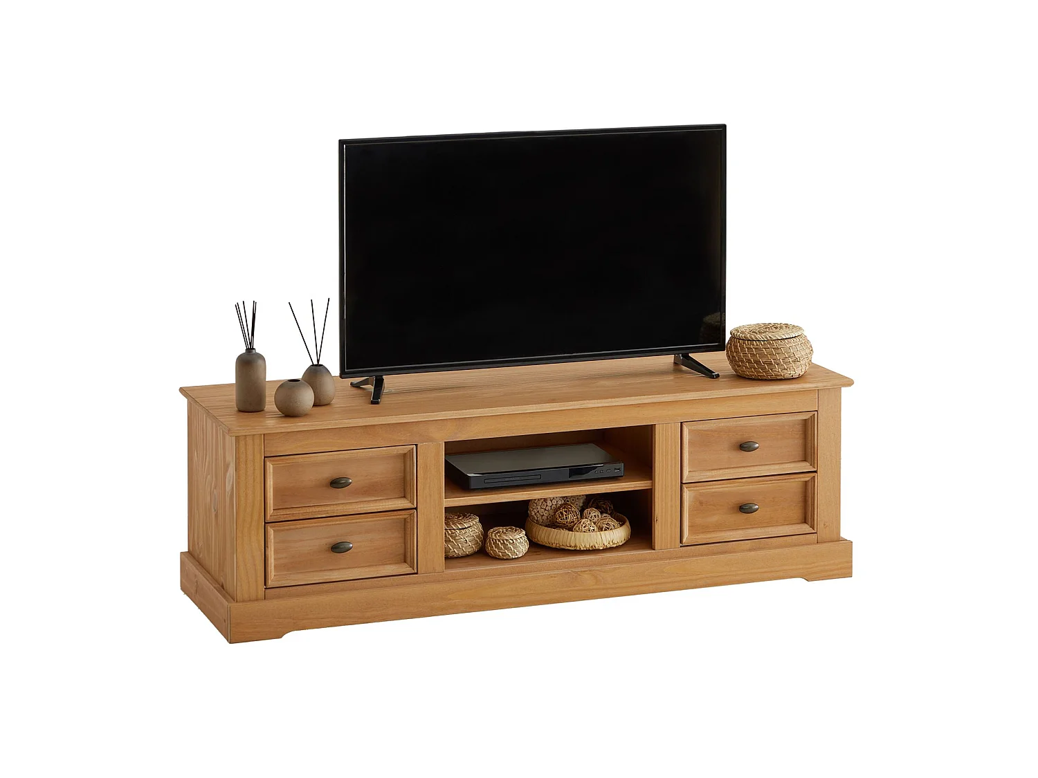 Meuble TV KENT banc télévision en pin massif finition cirée 144 x 46 x 45 cm, avec 4 tiroirs et 2 niches