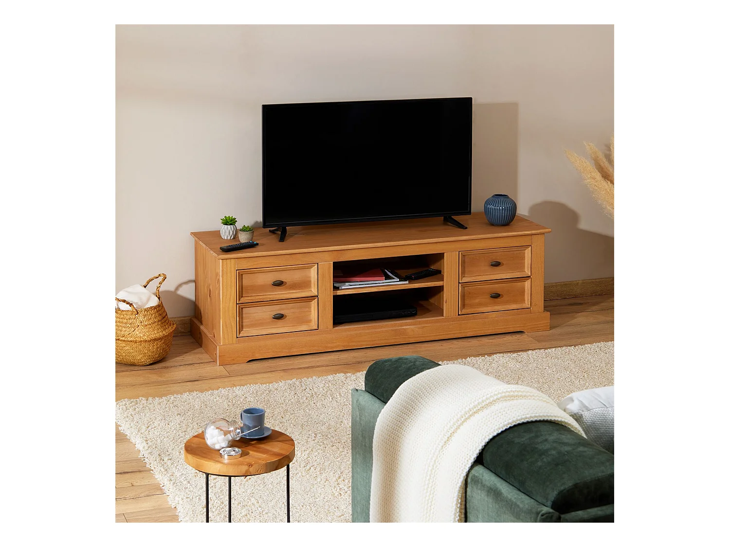 Meuble TV KENT banc télévision en pin massif finition cirée 144 x 46 x 45 cm, avec 4 tiroirs et 2 niches