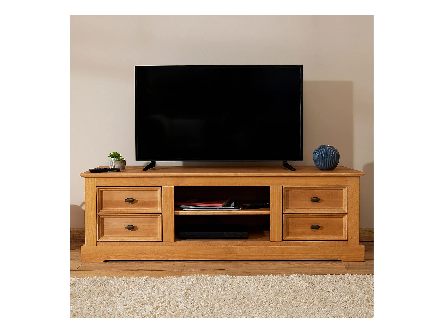 Meuble TV KENT banc télévision en pin massif finition cirée 144 x 46 x 45 cm, avec 4 tiroirs et 2 niches