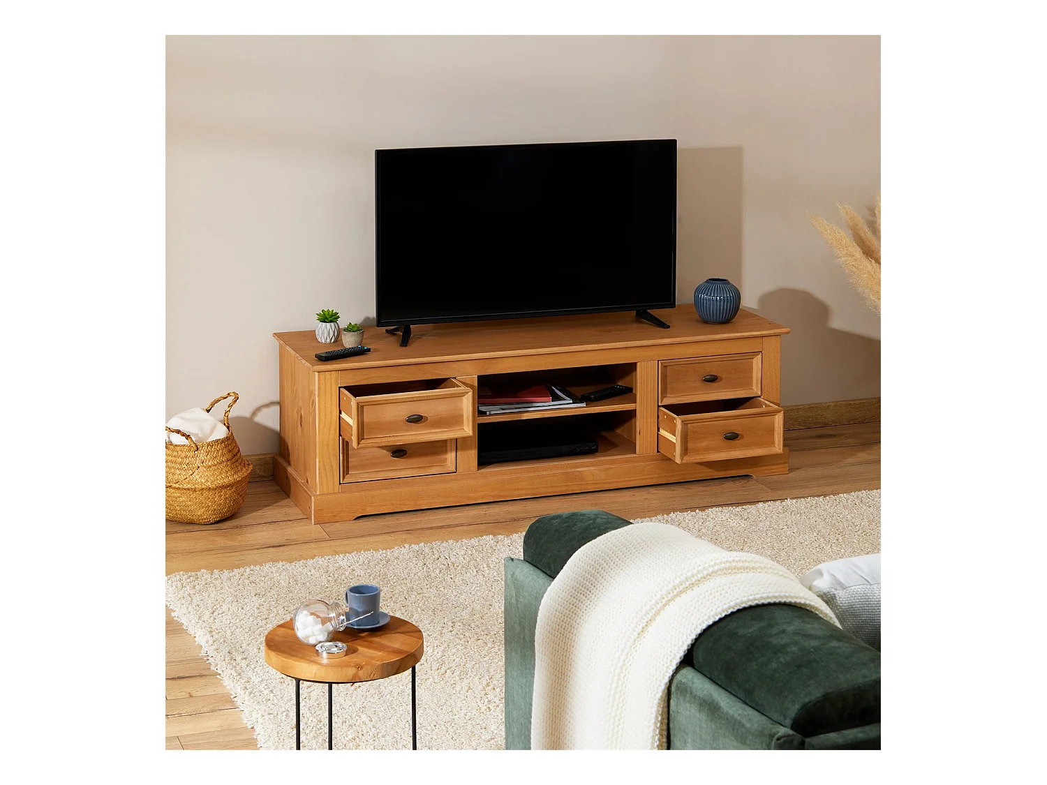Meuble TV KENT banc télévision en pin massif finition cirée 144 x 46 x 45 cm, avec 4 tiroirs et 2 niches
