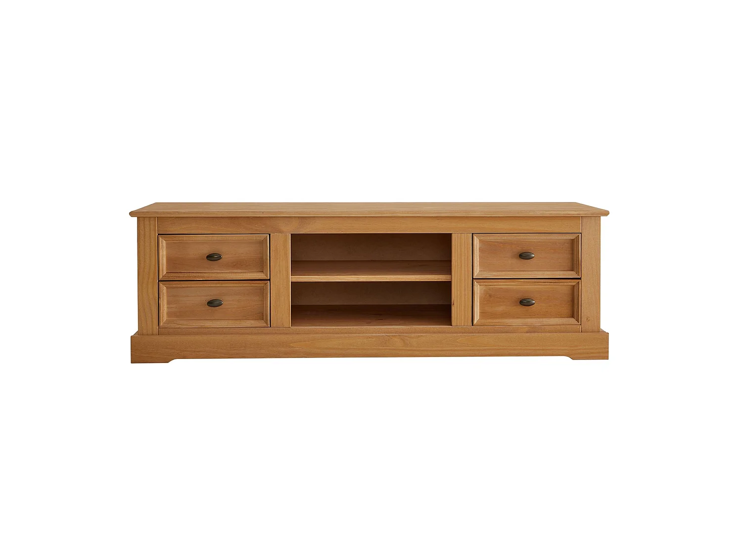 Meuble TV KENT banc télévision en pin massif finition cirée 144 x 46 x 45 cm, avec 4 tiroirs et 2 niches