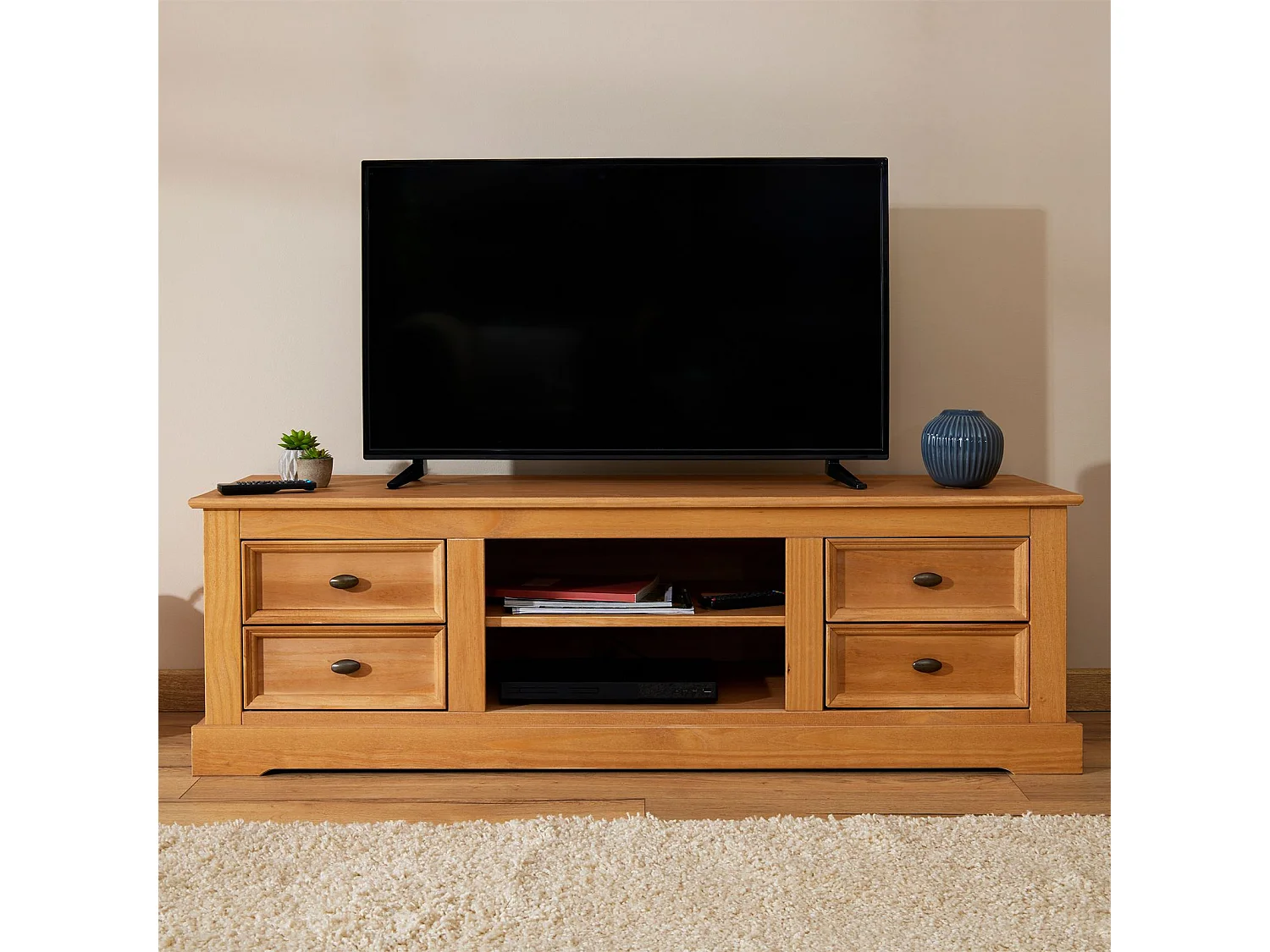 Meuble TV KENT banc télévision en pin massif finition cirée 144 x 46 x 45 cm, avec 4 tiroirs et 2 niches