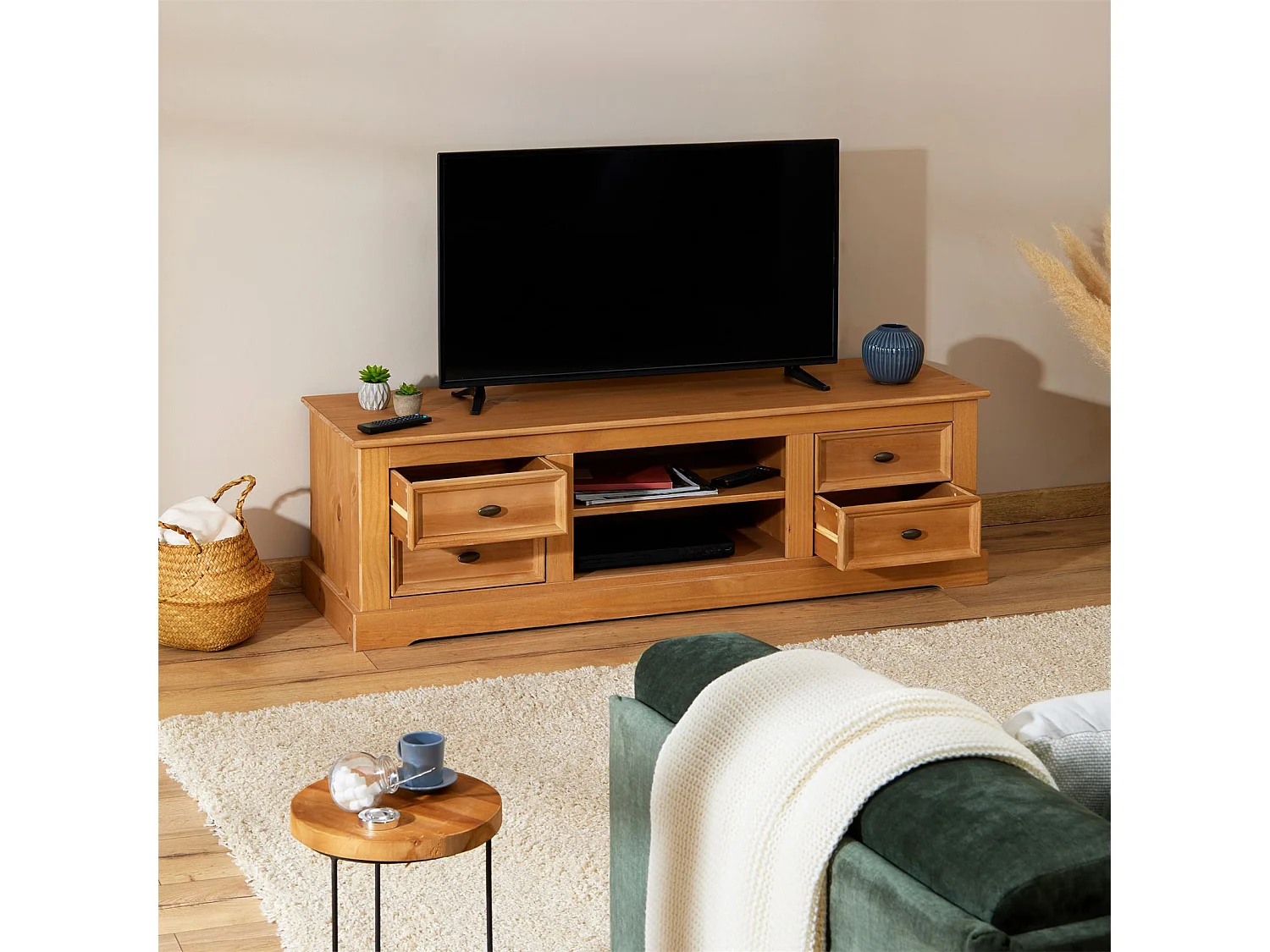 Meuble TV KENT banc télévision en pin massif finition cirée 144 x 46 x 45 cm, avec 4 tiroirs et 2 niches