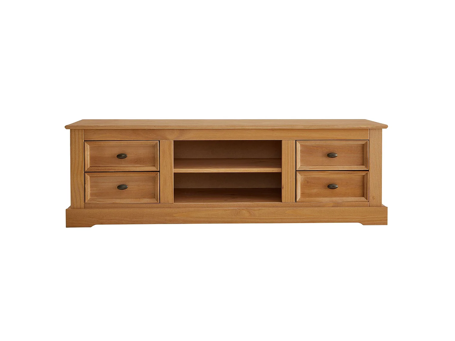 Meuble TV KENT banc télévision en pin massif finition cirée 144 x 46 x 45 cm, avec 4 tiroirs et 2 niches