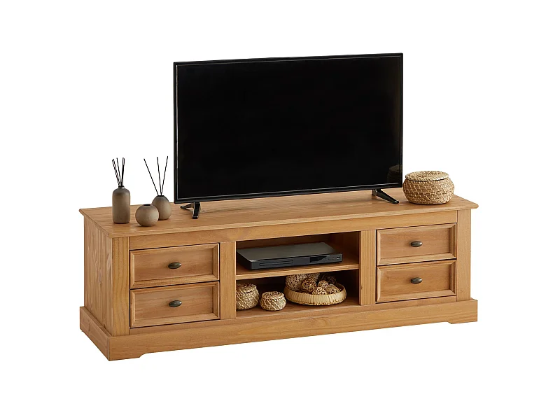 Meuble TV KENT banc télévision en pin massif finition cirée 144 x 46 x 45 cm, avec 4 tiroirs et 2 niches