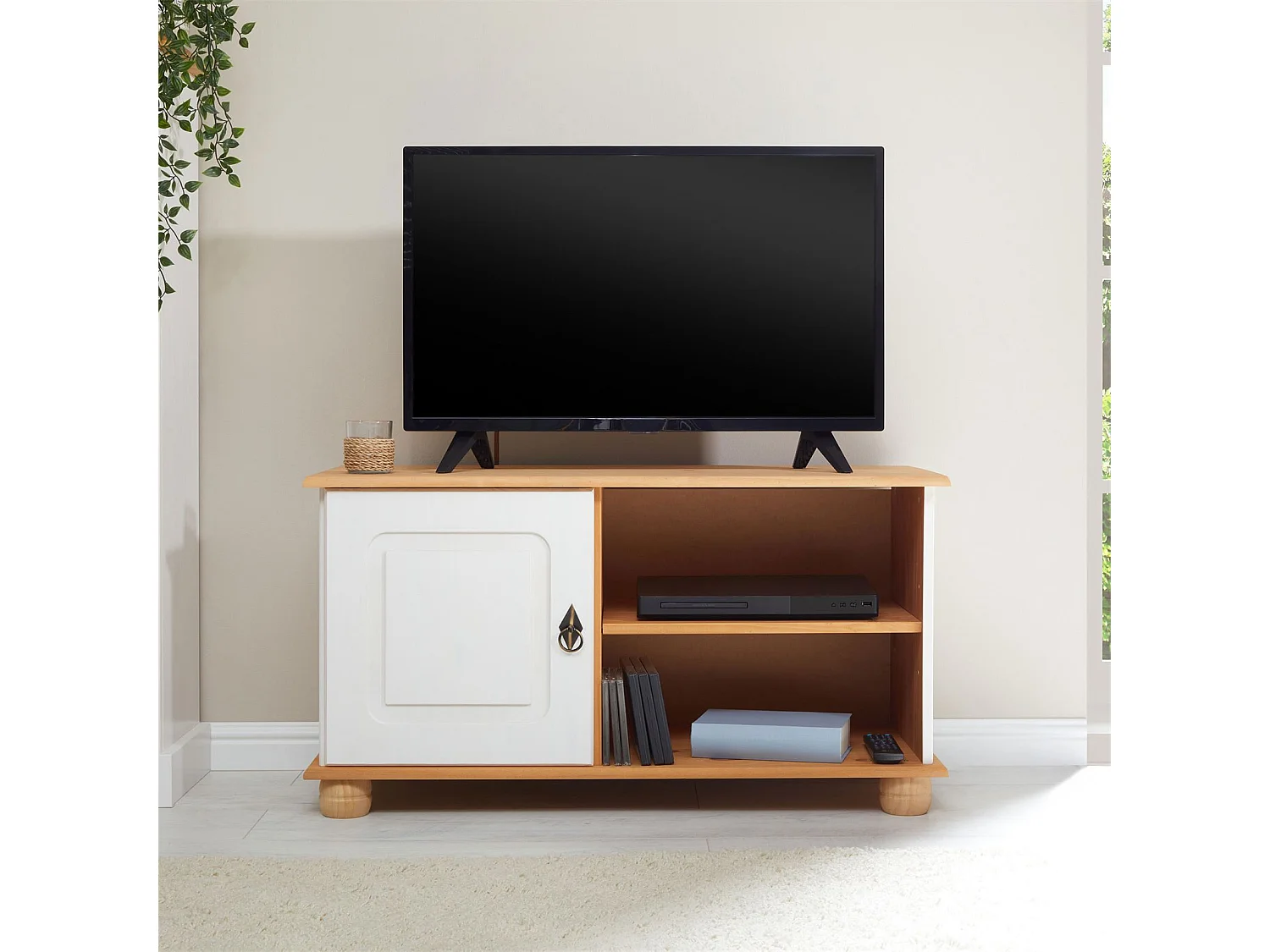 Meuble TV BELFORT banc télé de 94 cm en bois avec 1 porte et 2 niches, en pin massif lasuré blanc et brun