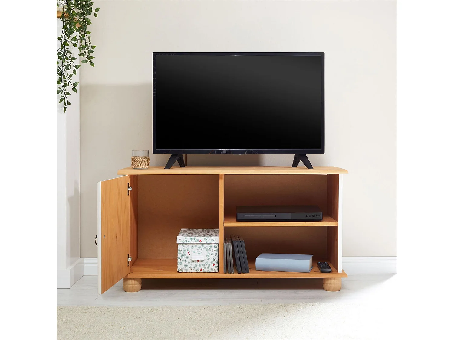 Meuble TV BELFORT banc télé de 94 cm en bois avec 1 porte et 2 niches, en pin massif lasuré blanc et brun