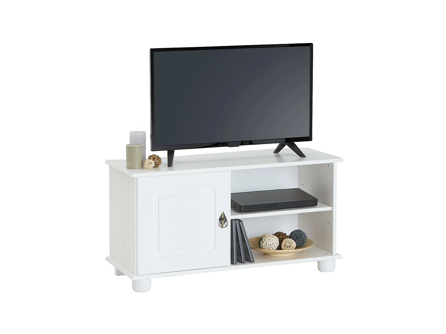Meuble TV BELFORT banc télé de 94 cm en bois avec 1 porte et 2 niches, en pin massif lasuré blanc