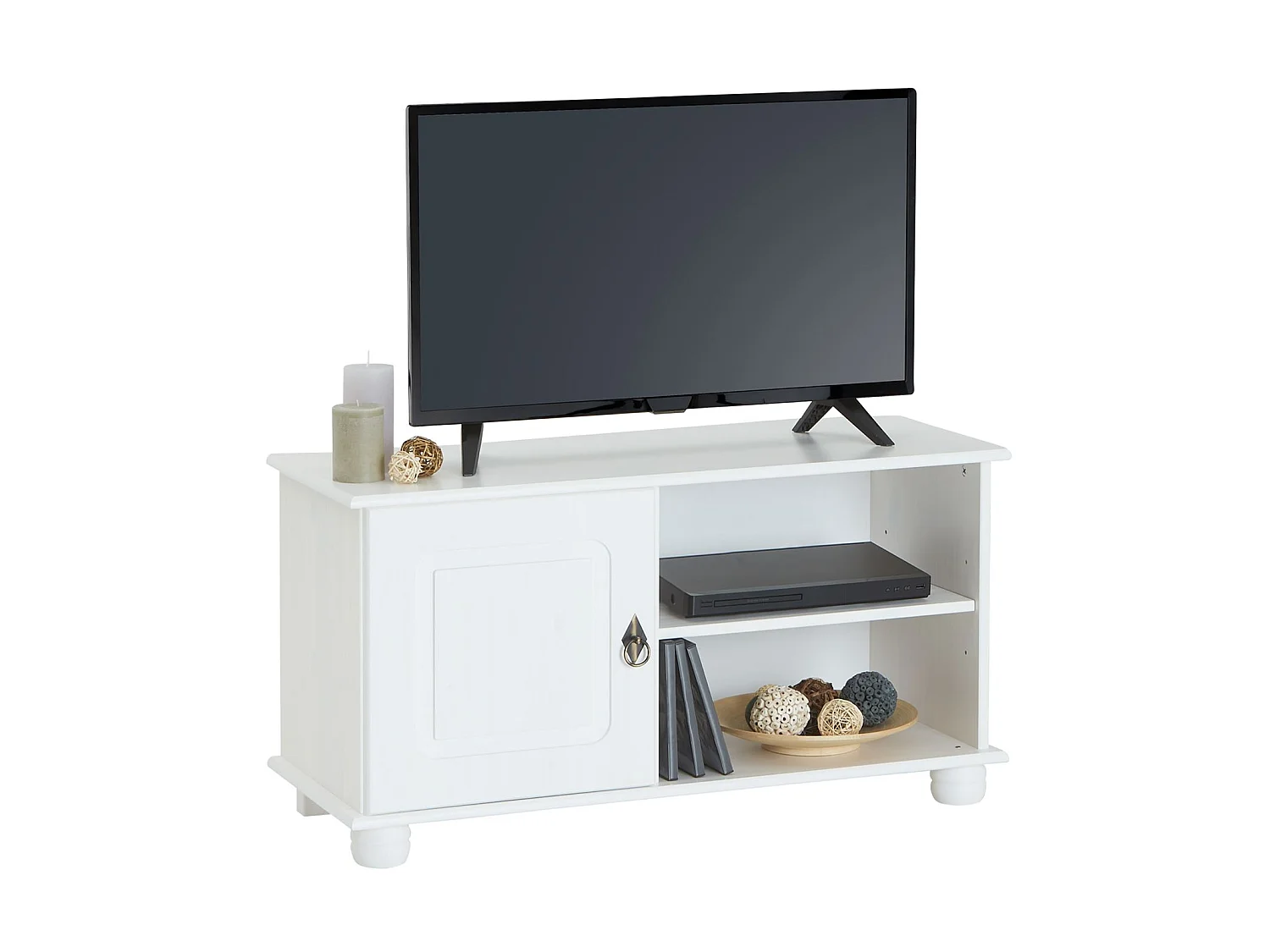 Meuble TV BELFORT banc télé de 94 cm en bois avec 1 porte et 2 niches, en pin massif lasuré blanc