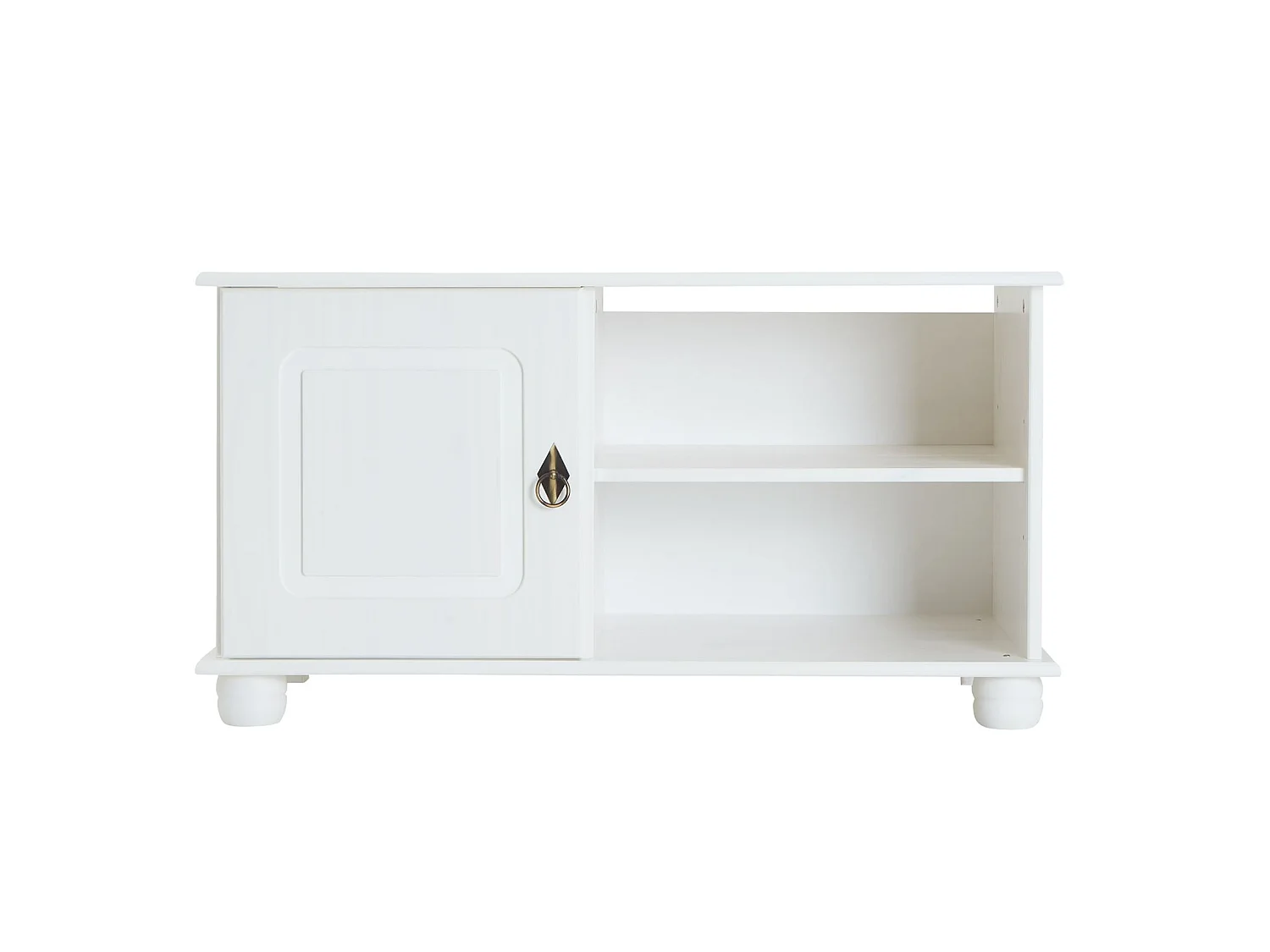 Meuble TV BELFORT banc télé de 94 cm en bois avec 1 porte et 2 niches, en pin massif lasuré blanc