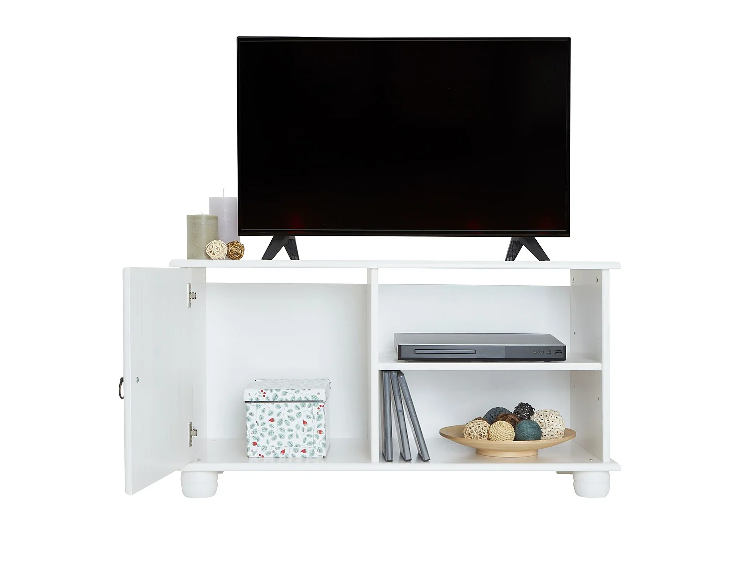 Meuble TV BELFORT banc télé de 94 cm en bois avec 1 porte et 2 niches, en pin massif lasuré blanc