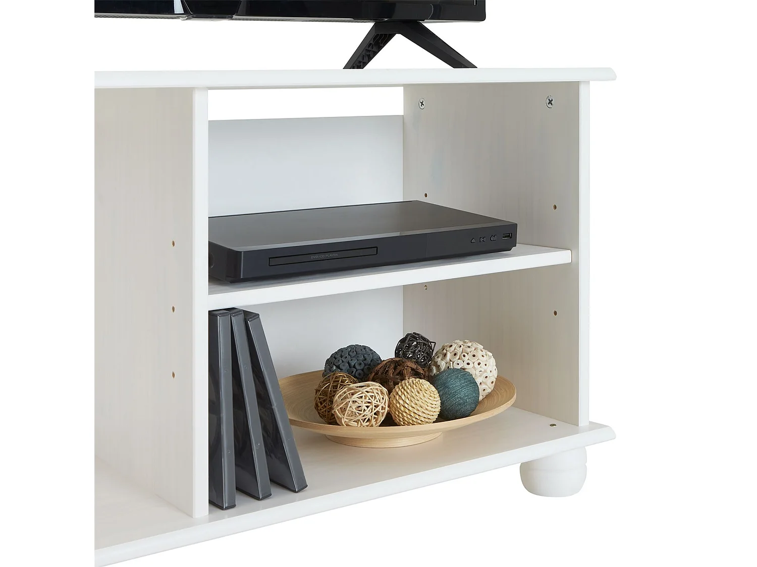 Meuble TV BELFORT banc télé de 94 cm en bois avec 1 porte et 2 niches, en pin massif lasuré blanc